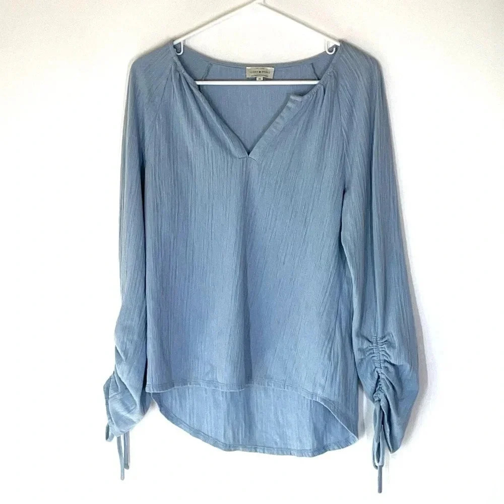 Lucky Brand Boho Peasant Style Blouse Ruched Sleeves Size XS